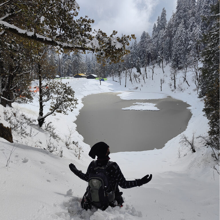 Kedarkantha Trek in Uttarakhand with snow-covered trails and panoramic views of the Himalayan range.