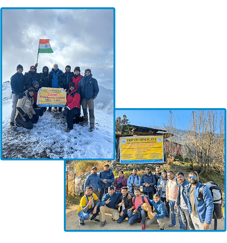 Trekkers capturing the beauty of the Kedarkantha Peak with cameras.