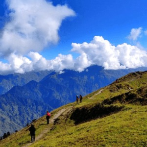 Group of trekkers walking along a scenic ridge trail with mountains in the background." Let me know if you'd like more suggestions!